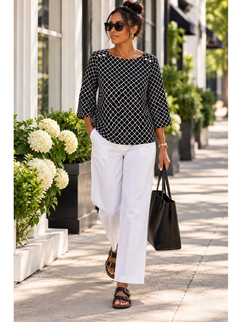 Coldwater Creek Black and White Geometric Pattern Blouse with Button Detail